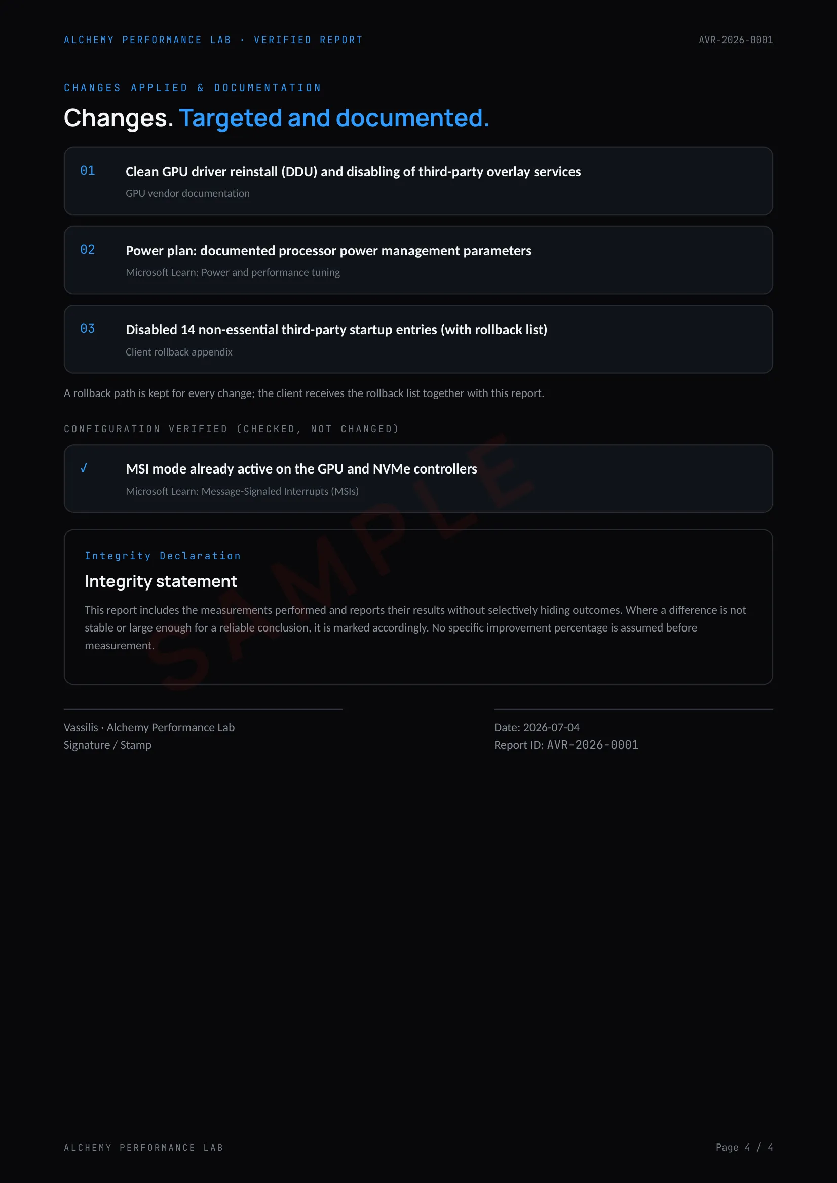 Verified Report changes page: applied changes with sources, rollback note, separately listed verified configuration, integrity statement