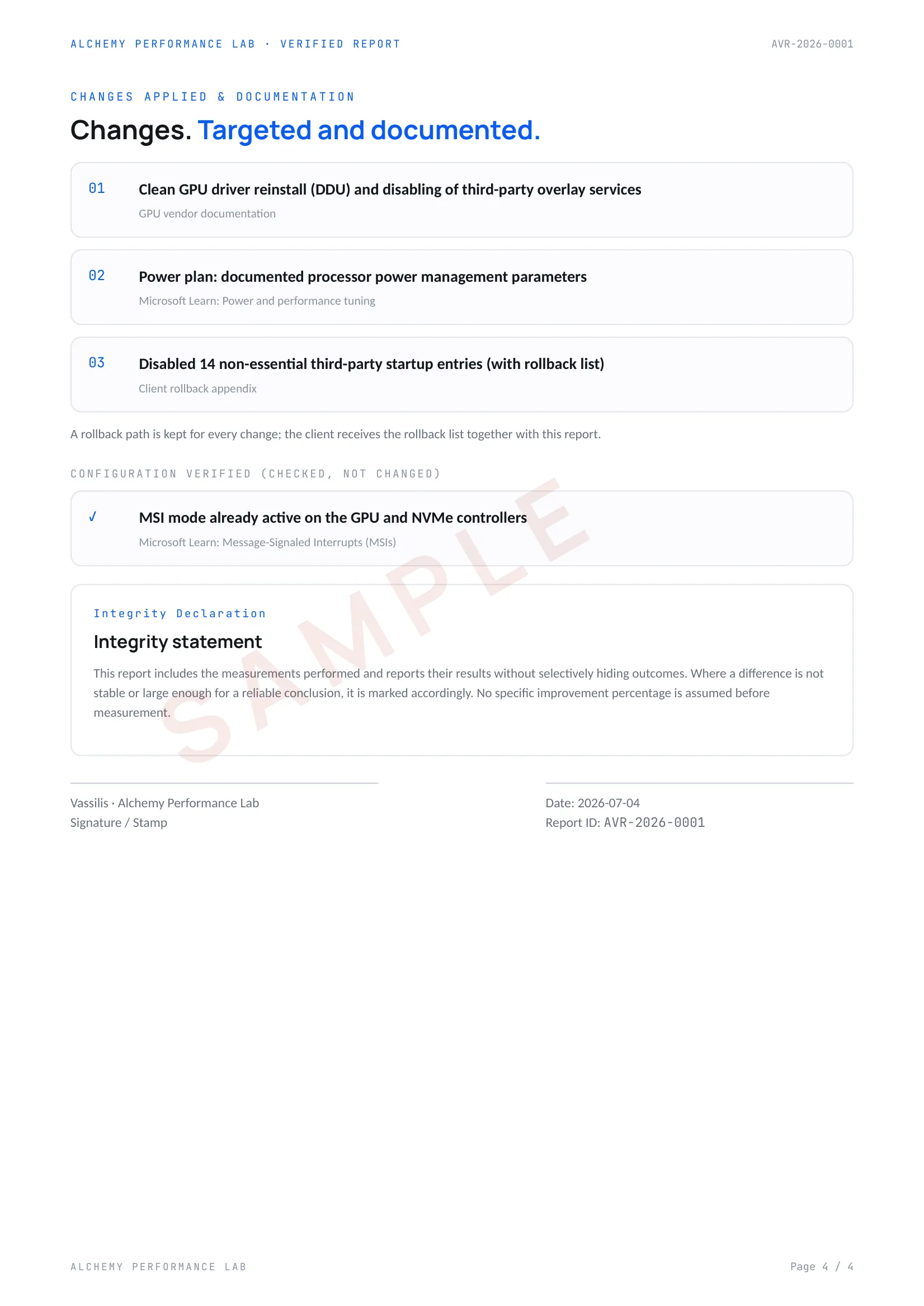 Verified Report changes page: applied changes with sources, rollback note, separately listed verified configuration, integrity statement